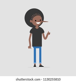 Liar. Young character with a long nose. Cheater. Concept. Flat editable vector illustration, clip art