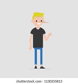 Liar. Young character with a long nose. Cheater. Concept. Flat editable vector illustration, clip art