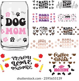 Libbey can glass wrap, Coffee can, 16oz Full wrap, Teacher, fruits, leopard animal, cow, bee, honey, sea, meramide, paw, hearts, love, school, apple, strawberry, football, dogs, rainbow, race, flower