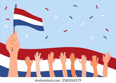 Liberation Day Background. background with hands holding the Netherlands flag, several hands being raised, and the Netherlands flag behind it. light blue background