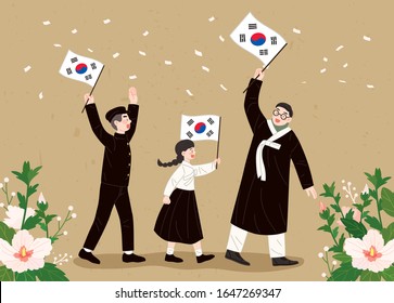 Liberation Day, Korea's Independence Day. A man in hanbok and a student in school uniform are shaking the national flag. Hand drawn illustrations.