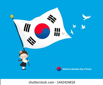 Liberation Day. Taegeukgi, flying pigeon, Hanbok girl.