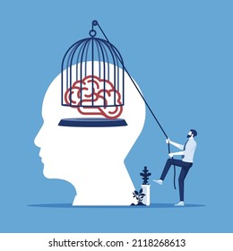 The liberation and freedom of the mind concept, businessman lifting cage in brain