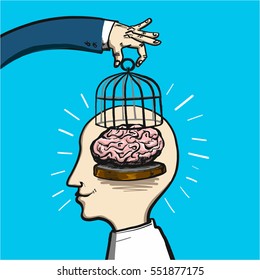 the liberation and freedom of the mind - conceptual vector illustration of hand lifting cage in brain