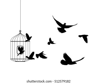 Liberation symbol. Birds flying out of cage