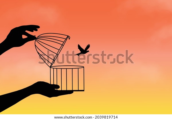 Liberation\
symbol. Birds flying out of cage, freedom concept, bird set free, a\
bird flying for freedom from an open\
cage.
