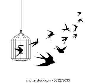 Liberation symbol. Swallow birds flying out of cage
