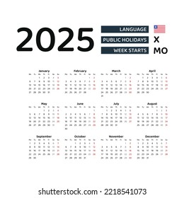 Liberia calendar 2025. Week starts from Monday. Vector graphic design. English language.