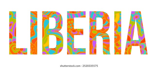 Liberia creative country name text design filled with colorful doodle pattern	