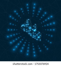 Mapa digital de Liberia. Rayos brillantes irradiando desde el país. Conexiones de red y diseño de telecomunicaciones. Ilustración vectorial.