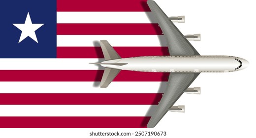 LIBERIA flag with airplane flying over it close up. Vector image.