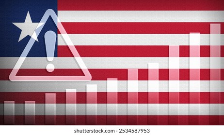 Liberia flag with burlap texture, warning sign, and rising bar chart symbolizing increasing risk or growth challenges in the country. Ideal for data presentations.