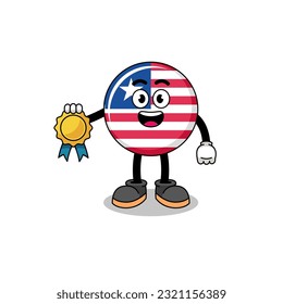 liberia flag cartoon illustration with satisfaction guaranteed medal , character design