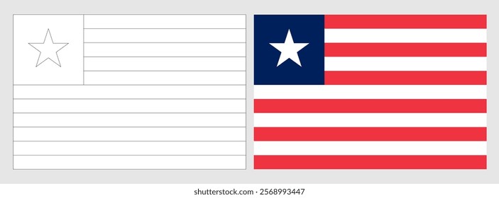 Liberia flag - coloring page. Set of white wireframe thin black outline flag and original colored flag.