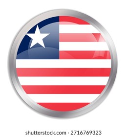 Liberia flag - glossy circle button in metal frame displays a colorful flag of a country cultural identity and heritage. The essence of national pride and unity.