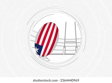 Liberia flag on rugby ball, lined circle rugby icon with ball in a crowded stadium. Vector sport emblem on abstract background.