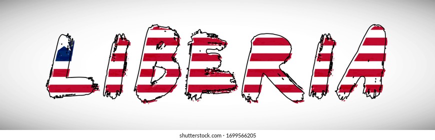 Liberia flag on text typography. Country name banner strip. Elegant typography background.