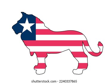 Liberia flag over lion animal vector silhouette illustration isolated on white background. Lion shape shadow national animal symbol of Liberia. State in Africa continent. Safari tourism invite. 