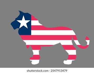 Bandera de Liberia sobre la ilustración de la silueta del Vector animal del león aislada en el fondo. Forma de león sombra animal símbolo nacional de Liberia. Estado en el continente africano. Invitación de turismo de safari. 