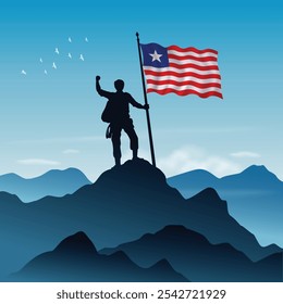 Liberia Flag raised on a mountain peak with clear sky in the background, vector illustration
