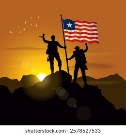 Liberia flag, silhouette of two climbers holding flags at sunset