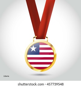 Liberia Flag in Silver Medal. Vector Illustration. RIO Olympic Game gold Medal. Vector Illustration