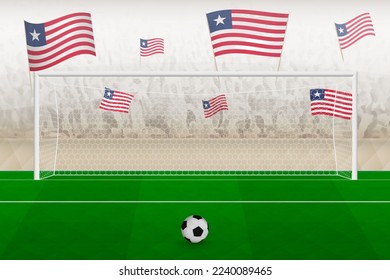 Liberia football team fans with flags of Liberia cheering on stadium, penalty kick concept in a soccer match. Sports vector illustration.