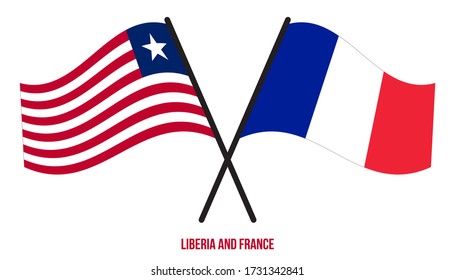 Liberia and France Flags Crossed And Waving Flat Style. Official Proportion. Correct Colors.