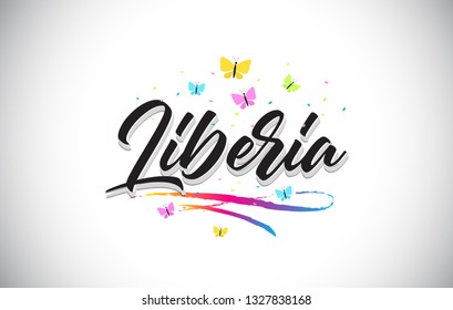 Liberia Handwritten Word Text with Butterflies and Colorful Swoosh Vector Illustration Design.