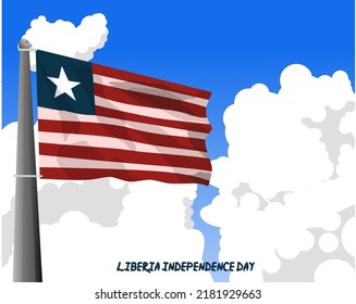 Liberia happy independence day greeting card, banner vector illustration. Liberian national holiday 26th of July design element with waving flag on flagpole