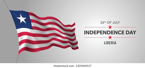 Tarjeta de saludo del Día de la Independencia de Liberia, cartel con ilustración del vector de texto de plantilla. Fiesta conmemorativa liberiana 26 de julio elemento de diseño con bandera 3D con rayas