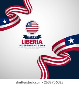 Liberia independence day greeting card, square banner background with warving ribbon flag