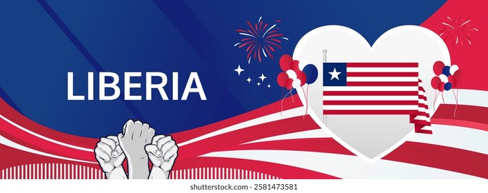 Liberia Independence Day modern long banner. 26 July Happy National Day. Holiday joyful party concept in flag colors. Nice for event, festival, feast, support, greeting and travel ads