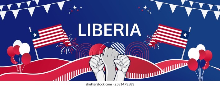 Liberia Independence Day modern long banner. 26 July Happy National Day. Holiday joyful party concept in flag colors. Nice for event, festival, feast, support, greeting and travel ads