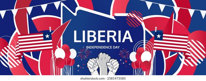 Liberia Independence Day modern long banner. 26 July Happy National Day. Holiday joyful party concept in flag colors. Nice for event, festival, feast, support, greeting and travel ads