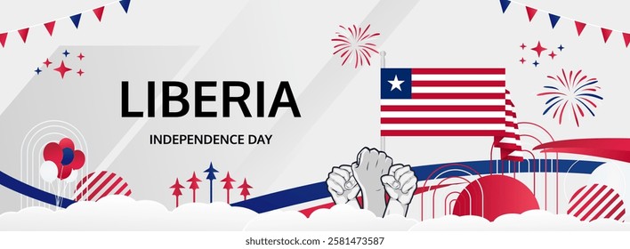 Liberia Independence Day modern long banner. 26 July Happy National Day. Holiday joyful party concept in flag colors. Nice for event, festival, feast, support, greeting and travel ads