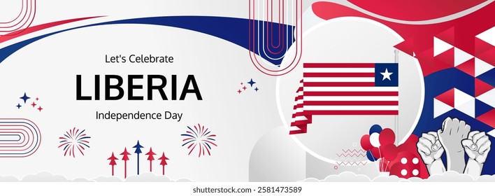 Liberia Independence Day modern long banner. 26 July Happy National Day. Holiday joyful party concept in flag colors. Nice for event, festival, feast, support, greeting and travel ads