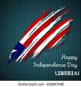 Liberia Independence Day Patriotic Design. Expressive Brush Stroke in National Flag Colors on dark striped background. Happy Independence Day Liberia Vector Greeting Card.