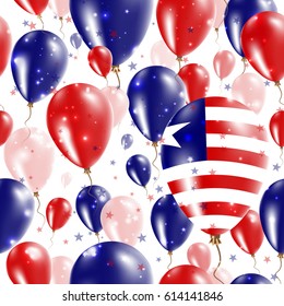 Liberia Independence Day Seamless Pattern. Flying Rubber Balloons in Colors of the Liberian Flag. Happy Liberia Day Patriotic Card with Balloons, Stars and Sparkles.