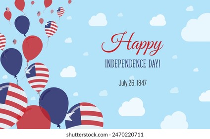 Liberia Independence Day Sparkling Patriotic Poster. Row of Balloons in Colors of the Liberian Flag. Greeting Card with National Flags, Blue Skyes and Clouds.