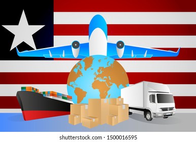Liberia logistics concept illustration. National flag of Liberia from the back of globe, airplane, truck and cargo container ship