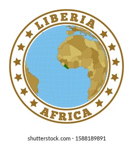 Liberia logo. Round badge of country with map of Liberia in world context. Country sticker stamp with globe map and round text. Vector illustration.