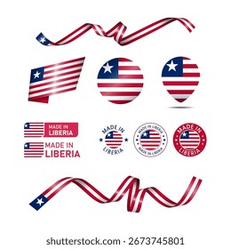 Liberia made in logo. Set of design flags label icon, stripes, ribbons