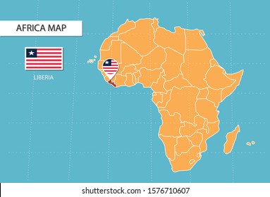 Liberia map in Africa, icons showing Liberia location and flags.