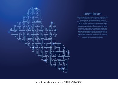 Liberia Karte aus dem blauen Muster des Labyrinths und leuchtende Raumsterne Gitter. Vektorgrafik.