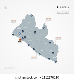 Liberia map with borders, cities, capital Monrovia and administrative divisions. Infographic vector map. Editable layers clearly labeled.