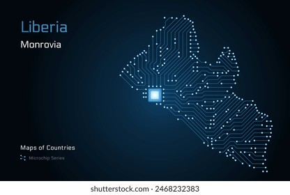 Liberia Map with a capital of Monrovia Shown in a Microchip Pattern with processor. E-government. World Countries vector maps. Microchip Series	
