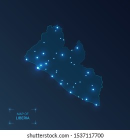 Liberia map with cities. Luminous dots - neon lights on dark background. Vector illustration. 