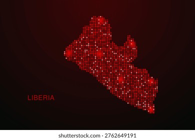 Liberia Map - Digital dotted map with glowing red points on dark background, modern technology style, abstract data network design, clean minimal vector illustration.