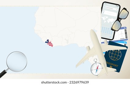 Liberia map and flag, cargo plane on the detailed map of Liberia with flag, passport, magnifying glass and airplane. Vector template.